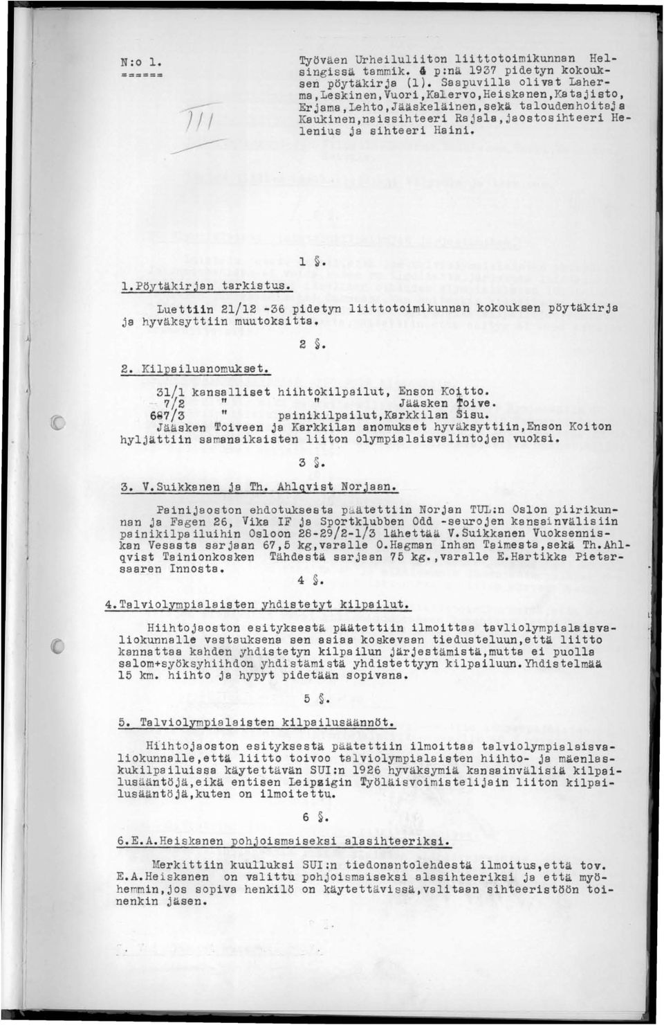 Pöytäkirjan tarkistus. 1. Luettiin 21/12-36 pidetyn liittotoimikunnan kokouksen pöytäkirja ja hyväksyttiin muutoksitta. 2. Kilpailuanomukset. 2. 31/.1 kansalliset hiihtokilpailut, Enson Ko~. tto.