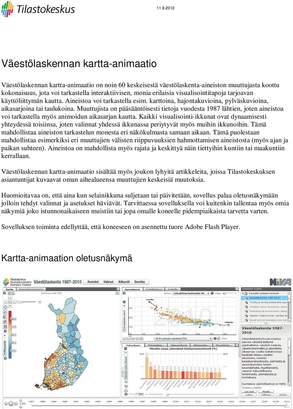 Muuttujista on pääsääntöisesti tietoja vuodesta 1987 lähtien, joten aineistoa voi tarkastella myös animoidun aikasarjan kautta.