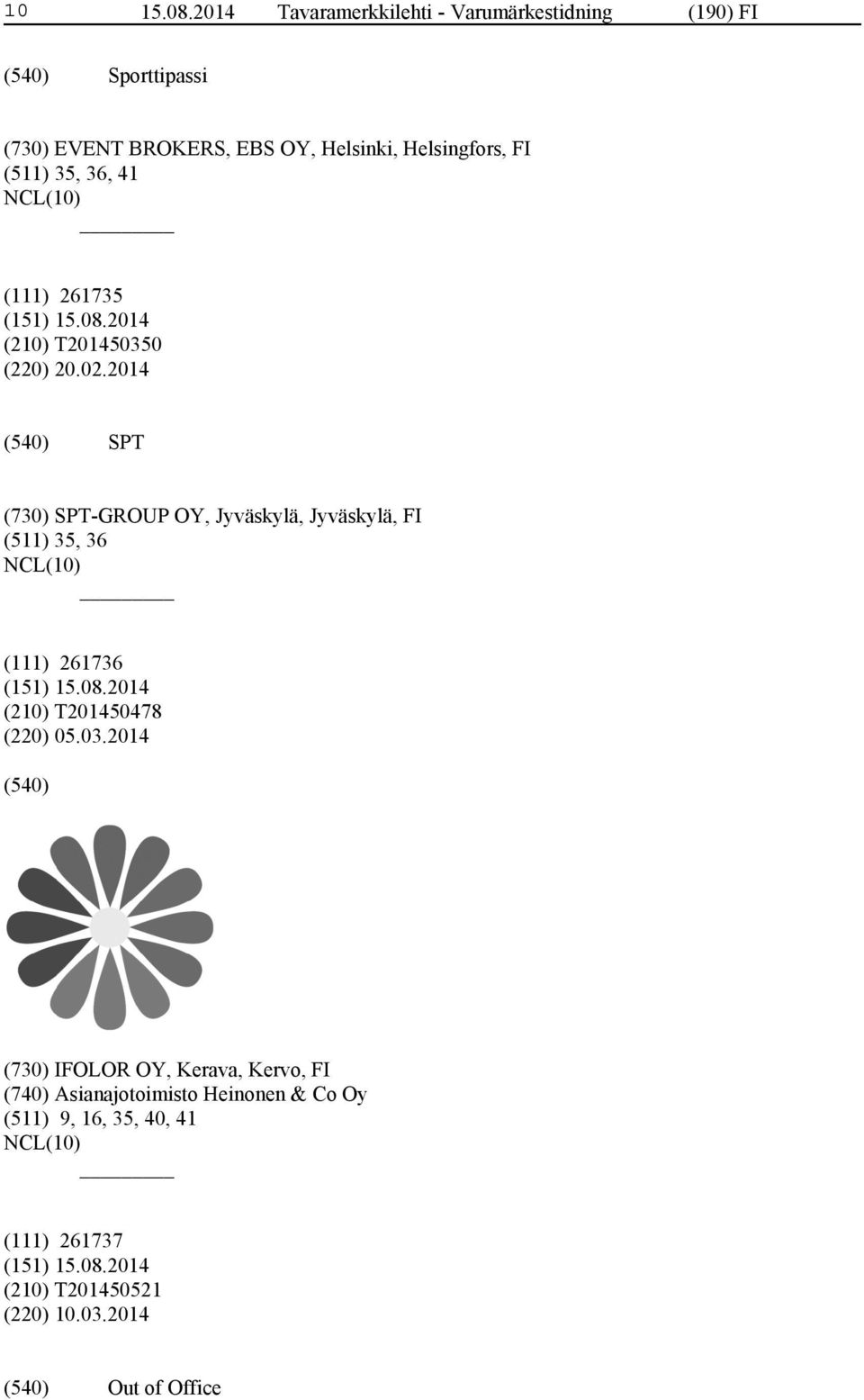 Helsingfors, FI (511) 35, 36, 41 (111) 261735 (210) T201450350 (220) 20.02.