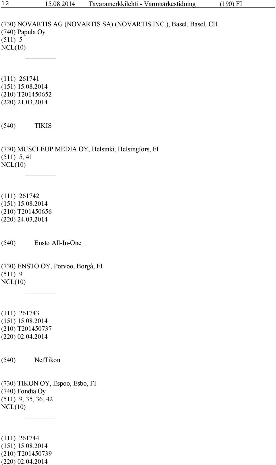 2014 TIKIS (730) MUSCLEUP MEDIA OY, Helsinki, Helsingfors, FI (511) 5, 41 (111) 261742 (210) T201450656 (220) 24.03.