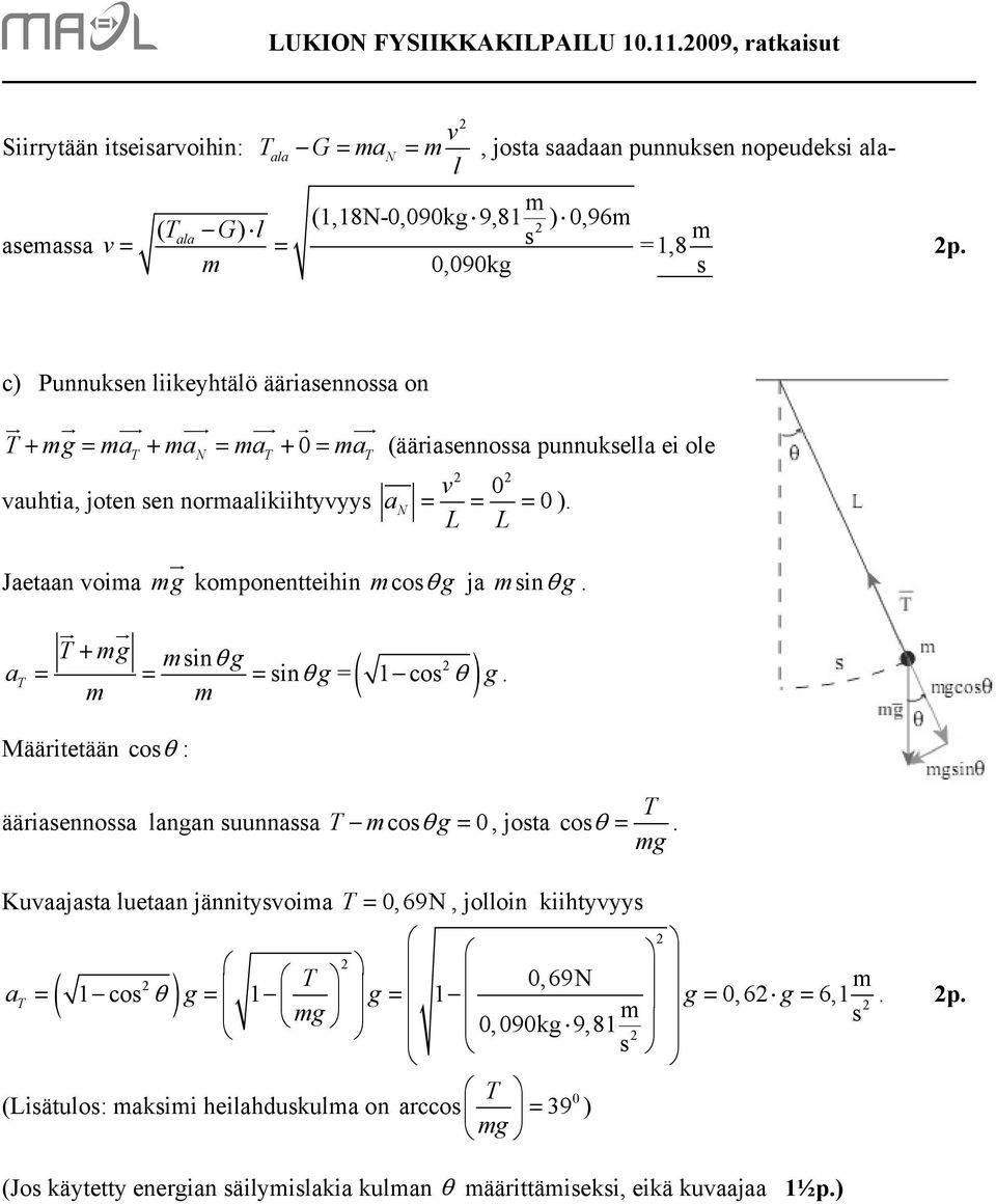 Jaetaan voia g ur koponentteihin coθ g ja inθ g. a T ur ur T + g inθ g = = = inθ g = ( θ ) co g. Määritetään coθ : T ääriaennoa langan uunnaa T coθ g = 0, jota coθ =.