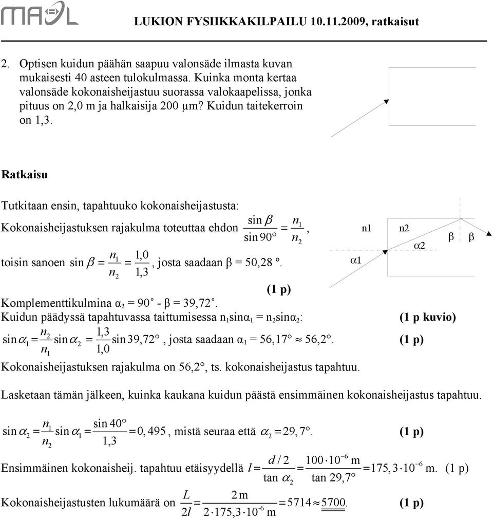 Ratkaiu Tutkitaan enin, tapahtuuko kokonaiheijatuta: in β n Kokonaiheijatuken rajakula toteuttaa ehdon =, n n in90 n β α n,0 toiin anoen in β = =, jota aadaan β = 50,8 º.