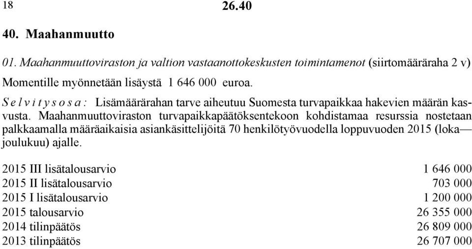 Selvitysosa: Lisämäärärahan tarve aiheutuu Suomesta turvapaikkaa hakevien määrän kasvusta.