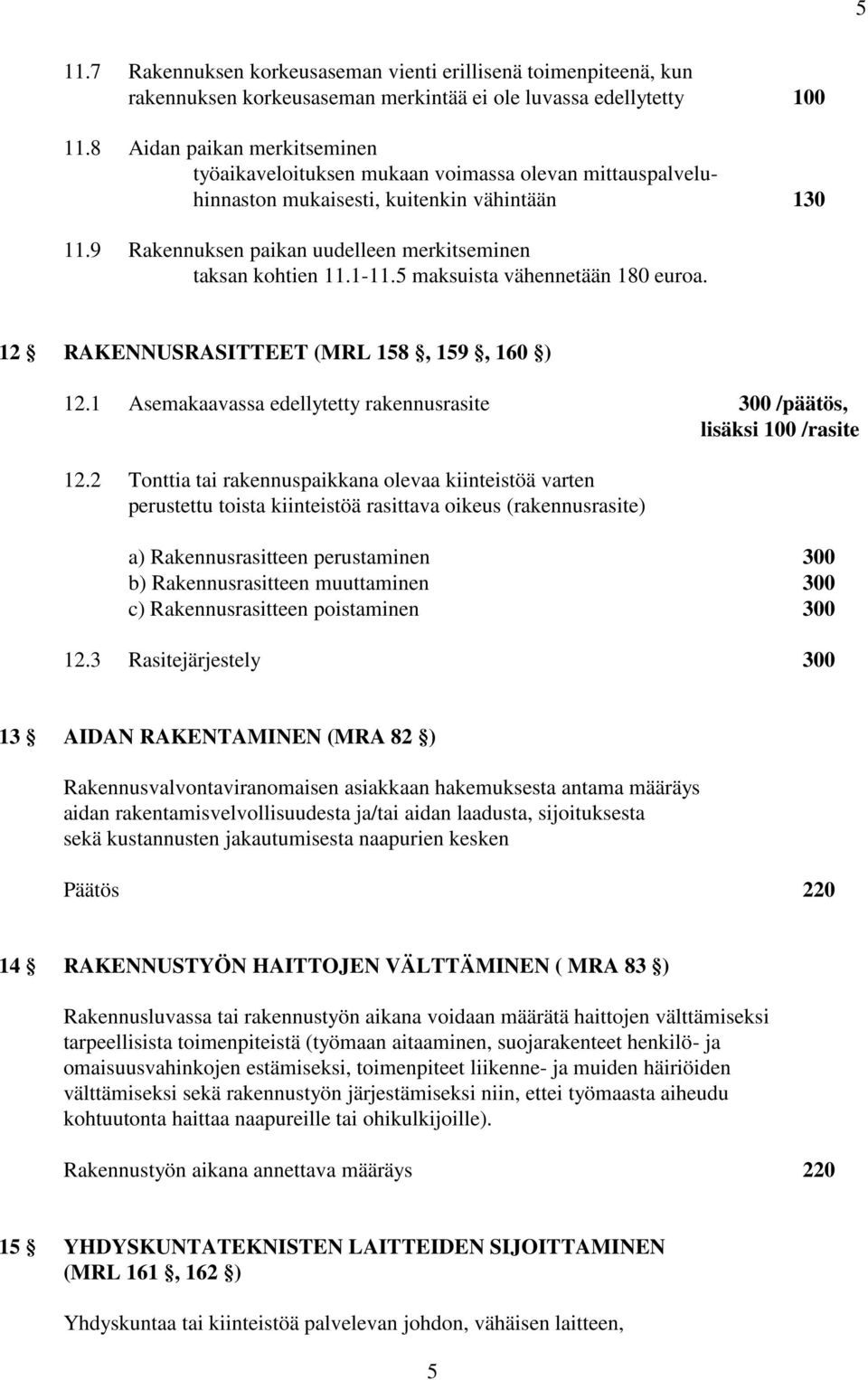 1-11.5 maksuista vähennetään 180 euroa. 12 RAKENNUSRASITTEET (MRL 158, 159, 160 ) 12.1 Asemakaavassa edellytetty rakennusrasite 300 /päätös, lisäksi 100 /rasite 12.