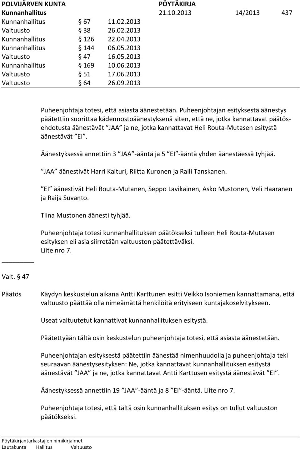 Puheenjohtajan esityksestä äänestys päätettiin suorittaa kädennostoäänestyksenä siten, että ne, jotka kannattavat päätösehdotusta äänestävät JAA ja ne, jotka kannattavat Heli Routa-Mutasen esitystä