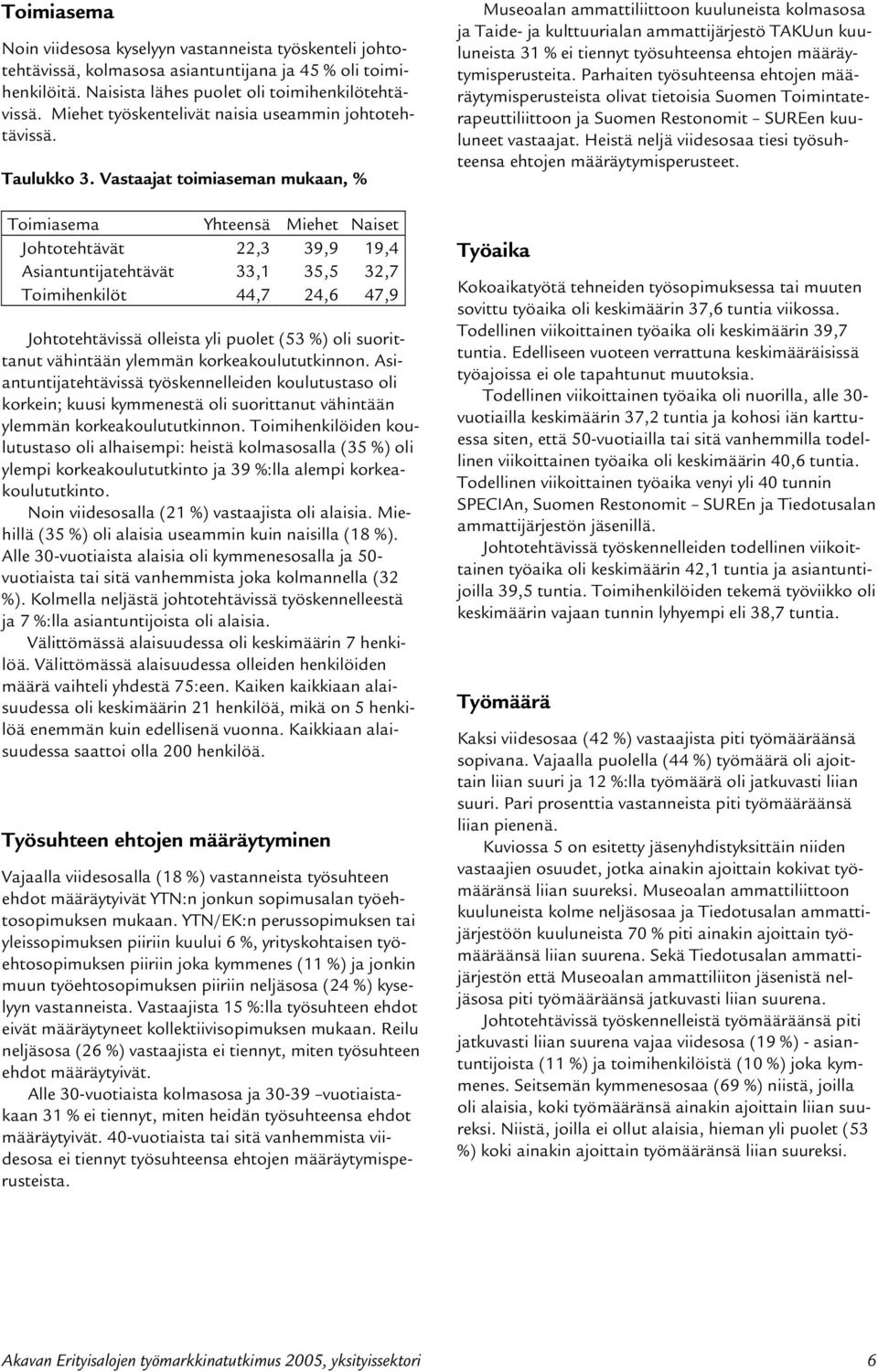 Vastaajat toimiaseman mukaan, % Toimiasema Yhteensä Miehet Naiset Johtotehtävät 22, 9,9 19, Asiantuntijatehtävät,1, 2,7 Toimihenkilöt,7 2, 7,9 Johtotehtävissä olleista yli puolet ( %) oli suorittanut