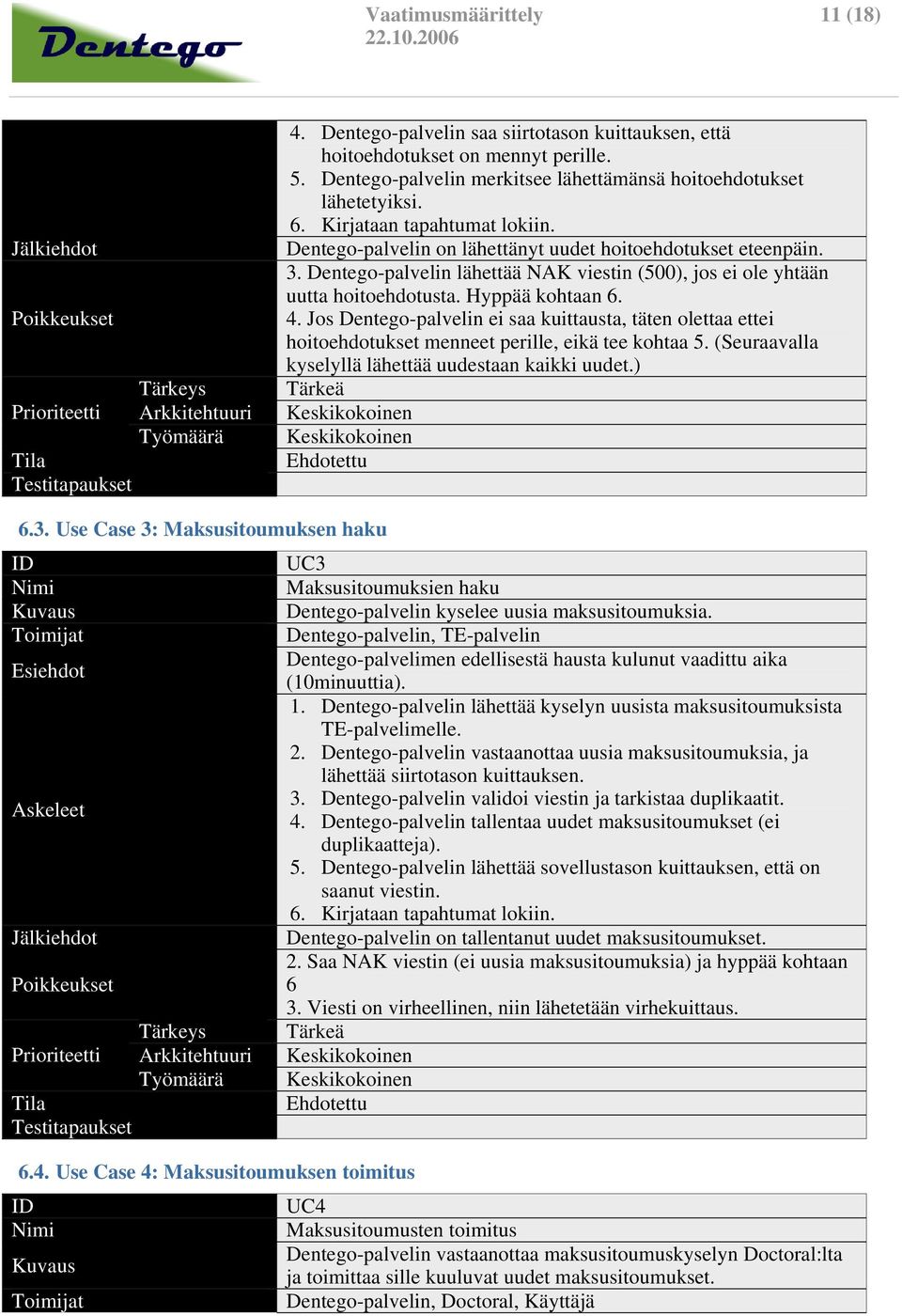 Dentego-palvelin lähettää NAK viestin (500), jos ei ole yhtään uutta hoitoehdotusta. Hyppää kohtaan 6. 4.