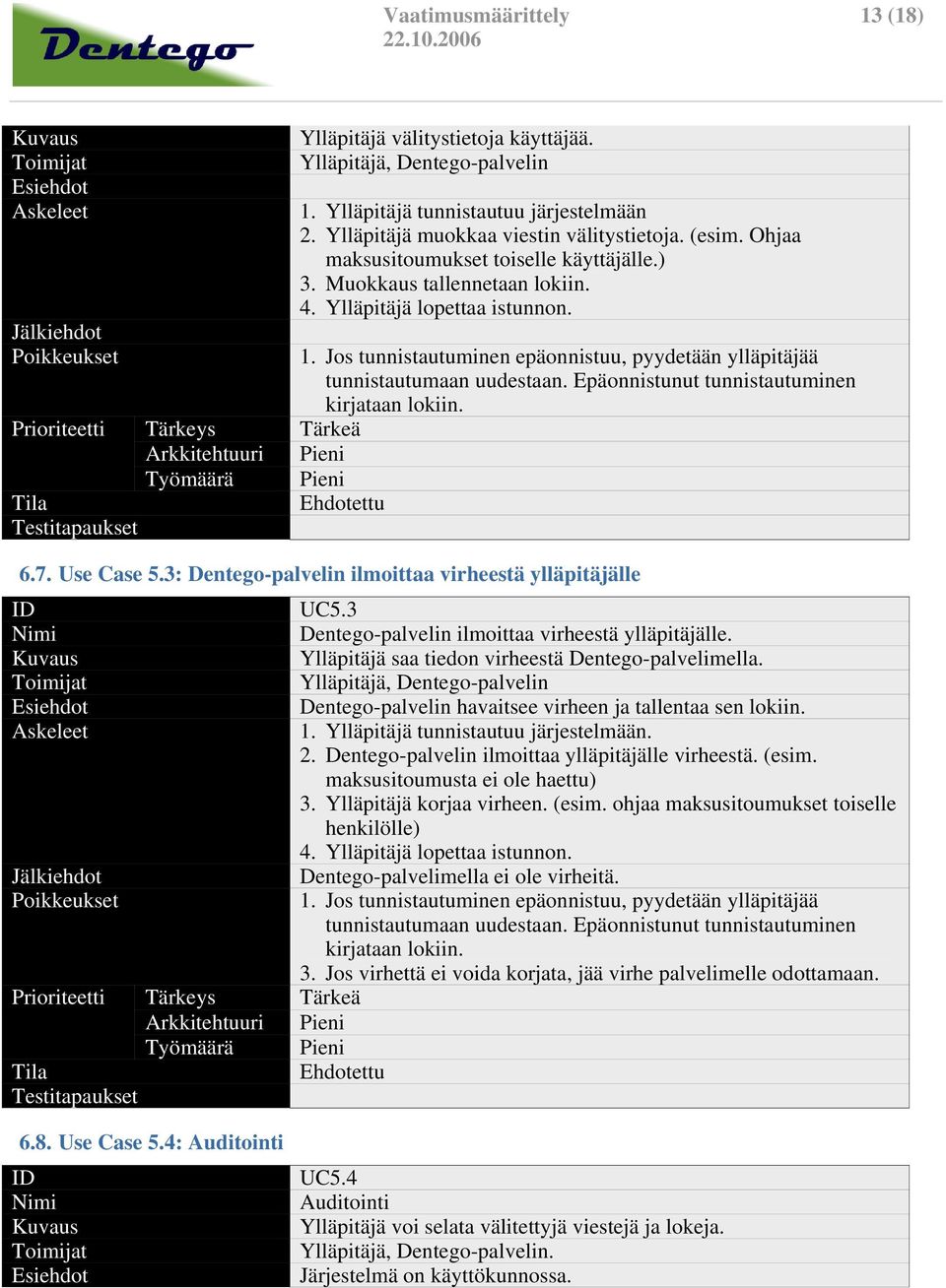 Jos tunnistautuminen epäonnistuu, pyydetään ylläpitäjää tunnistautumaan uudestaan. Epäonnistunut tunnistautuminen kirjataan lokiin. Tärkeä Pieni Pieni 6.7. Use Case 5.