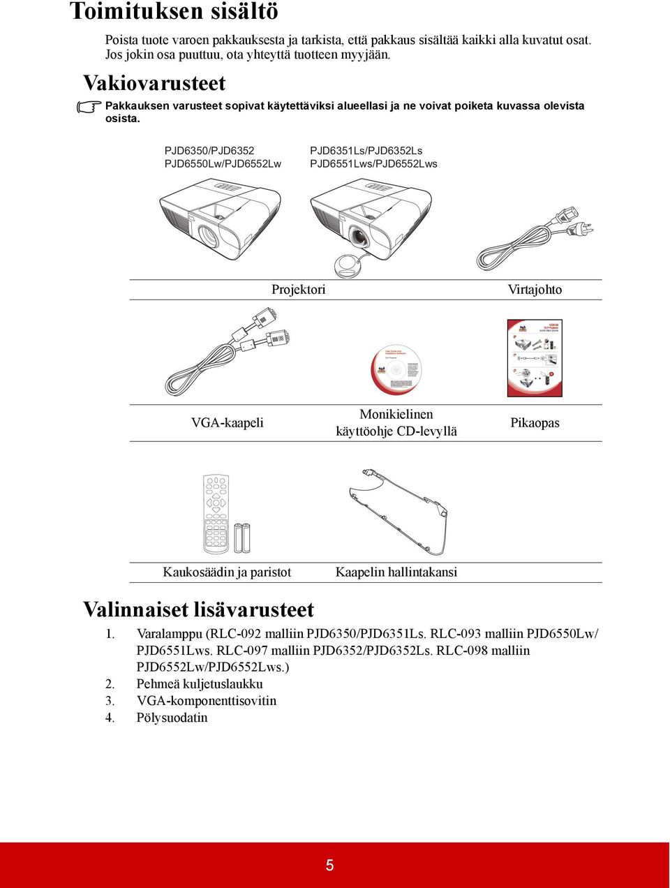 PJD6350/PJD6352 PJD6550Lw/PJD6552Lw PJD6351Ls/PJD6352Ls PJD6551Lws/PJD6552Lws Projektori Virtajohto VGA-kaapeli Monikielinen käyttöohje CD-levyllä Pikaopas Kaukosäädin ja paristot
