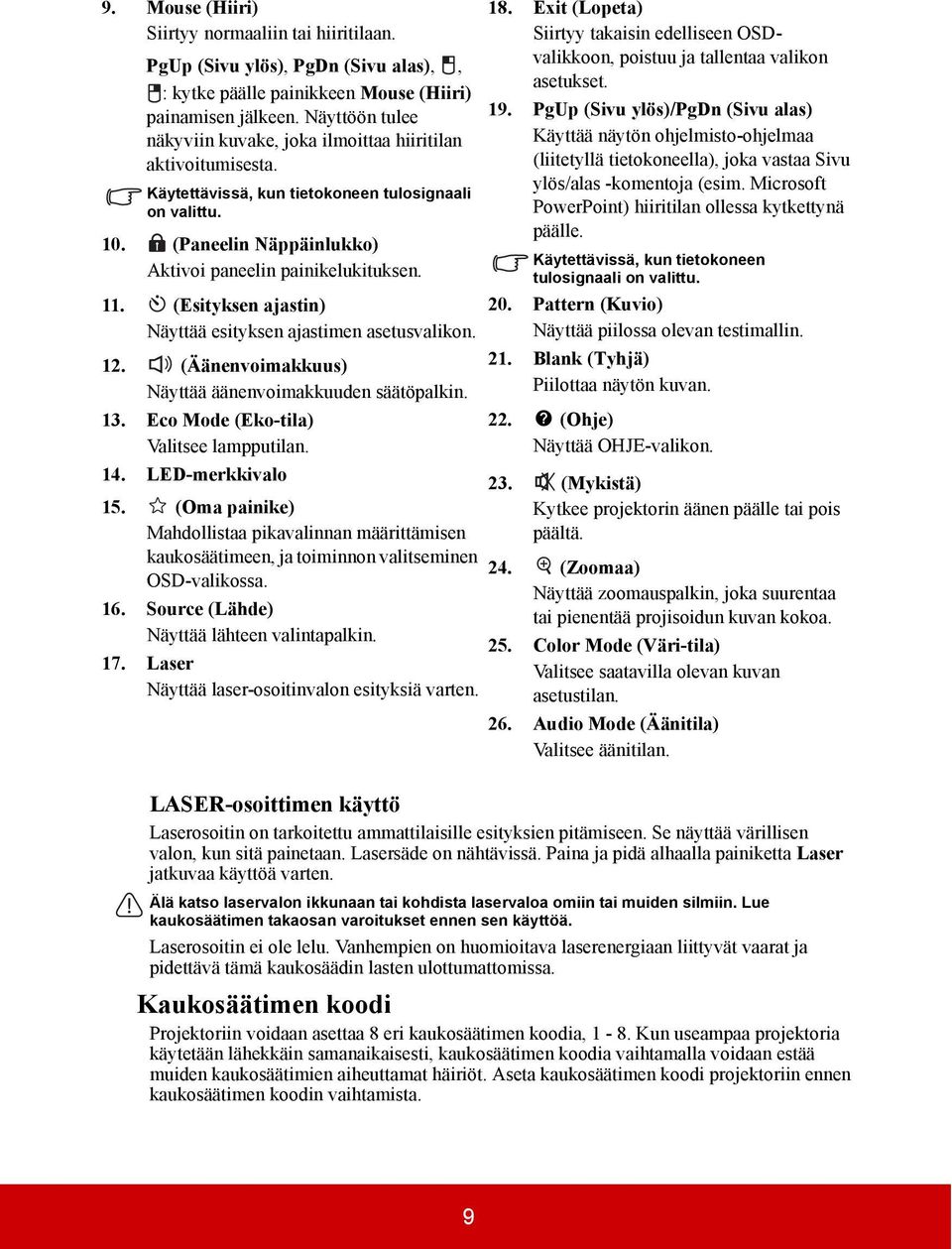 (Esityksen ajastin) Näyttää esityksen ajastimen asetusvalikon. 12. (Äänenvoimakkuus) Näyttää äänenvoimakkuuden säätöpalkin. 13. Eco Mode (Eko-tila) Valitsee lampputilan. 14. LED-merkkivalo 15.