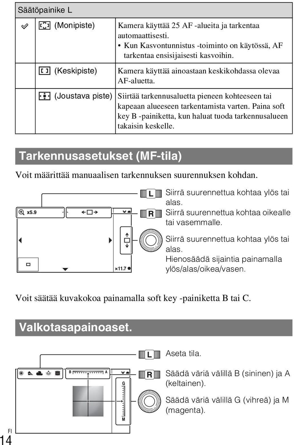 Paina soft key B -painiketta, kun haluat tuoda tarkennusalueen takaisin keskelle. Tarkennusasetukset (MF-tila) Voit määrittää manuaalisen tarkennuksen suurennuksen kohdan.