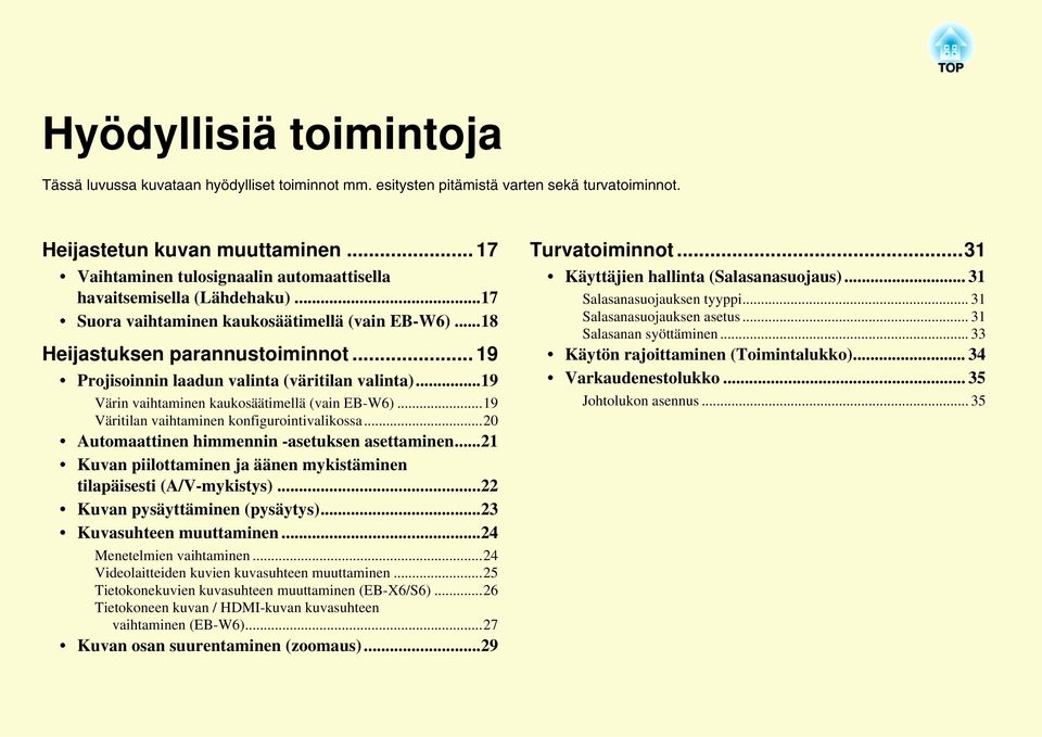 .. 19 Projisoinnin laadun valinta (väritilan valinta)...19 Värin vaihtaminen kaukosäätimellä (vain EB-W6)...19 Väritilan vaihtaminen konfigurointivalikossa.