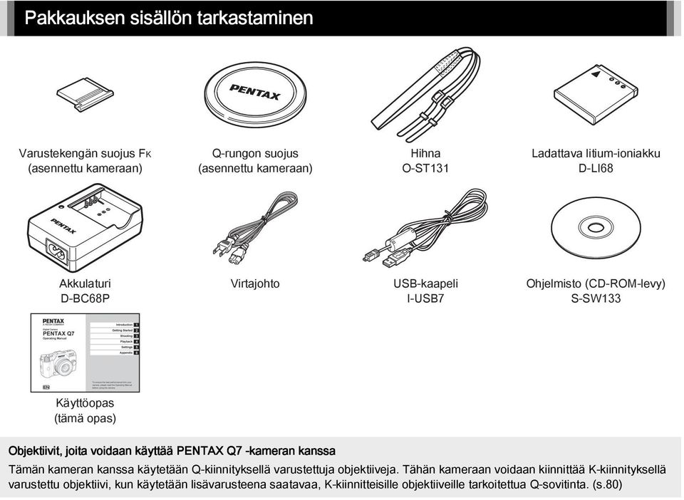 joita voidaan käyttää PENTAX Q7 -kameran kanssa Tämän kameran kanssa käytetään Q-kiinnityksellä varustettuja objektiiveja.