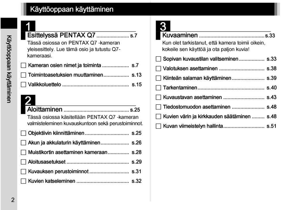 Objektiivin kiinnittäminen... s.25 Akun ja akkulaturin käyttäminen... s.26 Muistikortin asettaminen kameraan... s.28 Aloitusasetukset... s.29 Kuvauksen perustoiminnot... s.31 Kuvien katseleminen... s.32 3 Kuvaaminen.