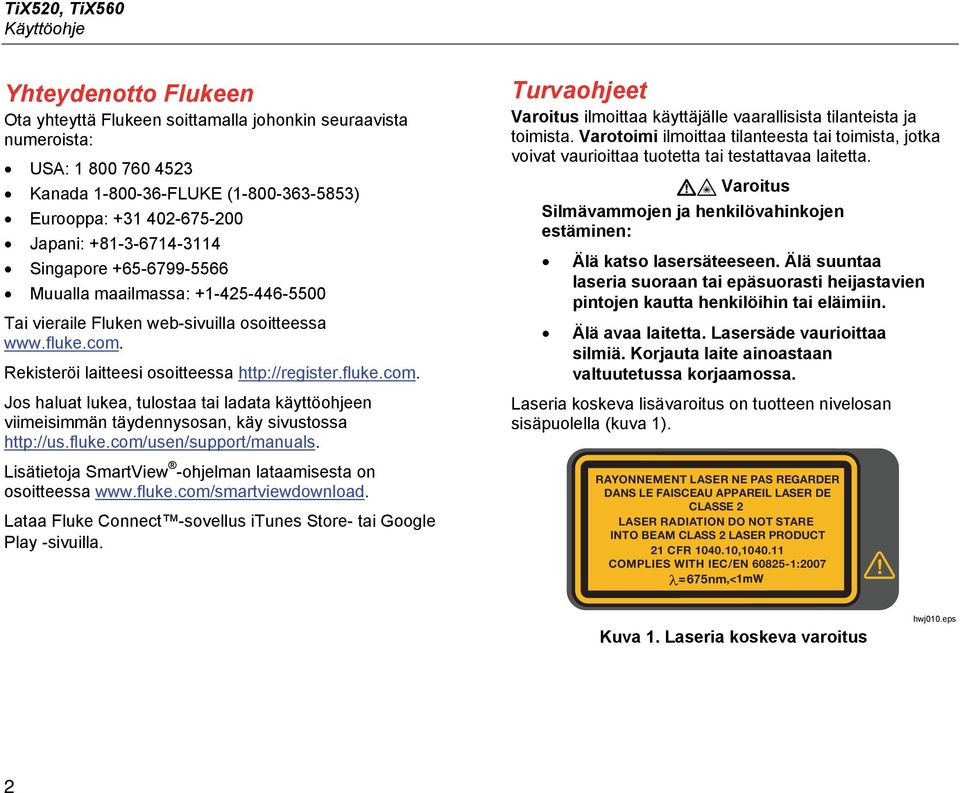 Rekisteröi laitteesi osoitteessa http://register.fluke.com. Jos haluat lukea, tulostaa tai ladata käyttöohjeen viimeisimmän täydennysosan, käy sivustossa http://us.fluke.com/usen/support/manuals.