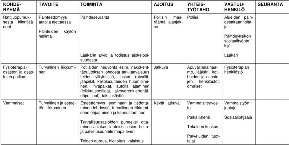 näkökenttäpuutoksen johdosta tarkkaavaisuus teiden ylityksissä, liuskat, rotvallit, jääpiikit, keliolosuhteiden huomioiminen, invapaikat, autolla ajaminen (leikkauspotilaat,