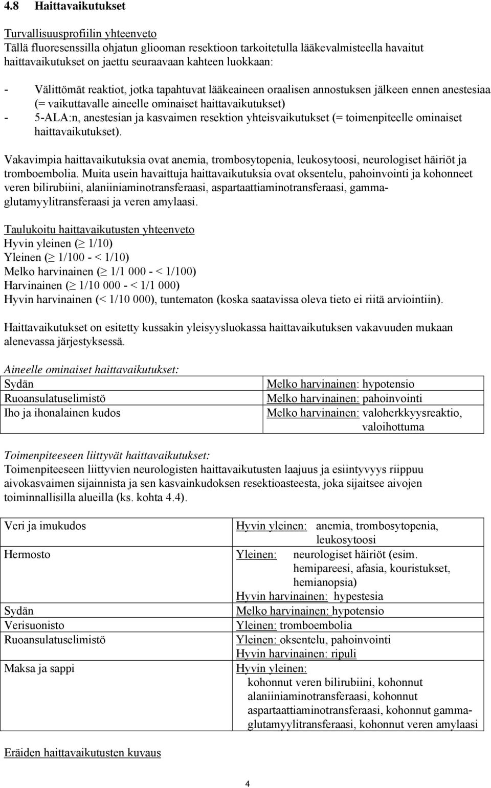 resektion yhteisvaikutukset (= toimenpiteelle ominaiset haittavaikutukset). Vakavimpia haittavaikutuksia ovat anemia, trombosytopenia, leukosytoosi, neurologiset häiriöt ja tromboembolia.