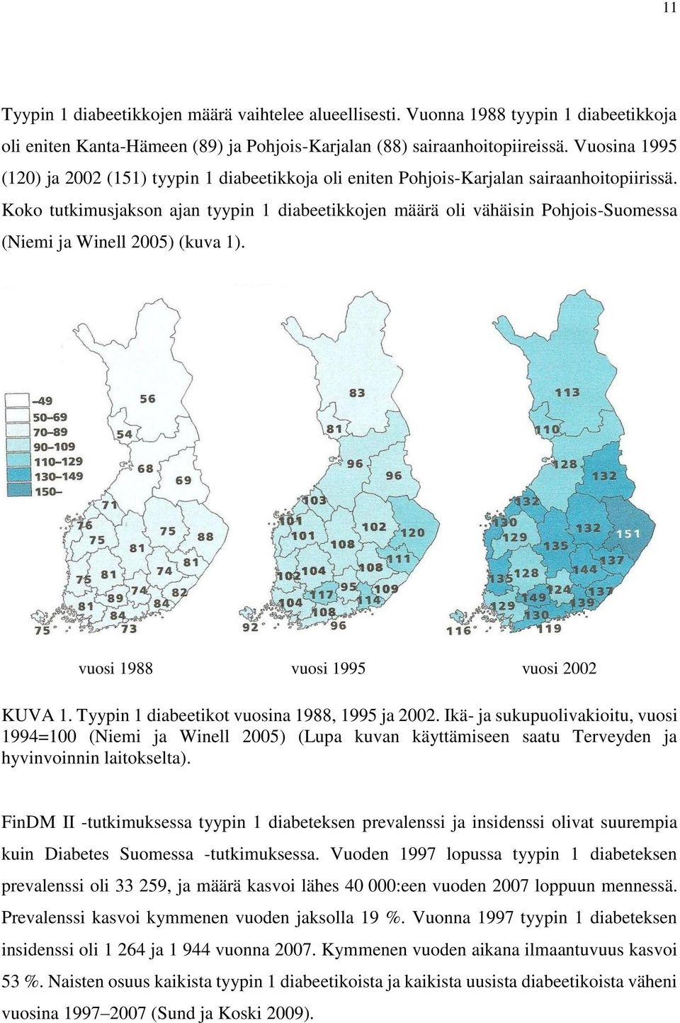 Koko tutkimusjakson ajan tyypin 1 diabeetikkojen määrä oli vähäisin Pohjois-Suomessa (Niemi ja Winell 2005) (kuva 1). vuosi 1988 vuosi 1995 vuosi 2002 KUVA 1.