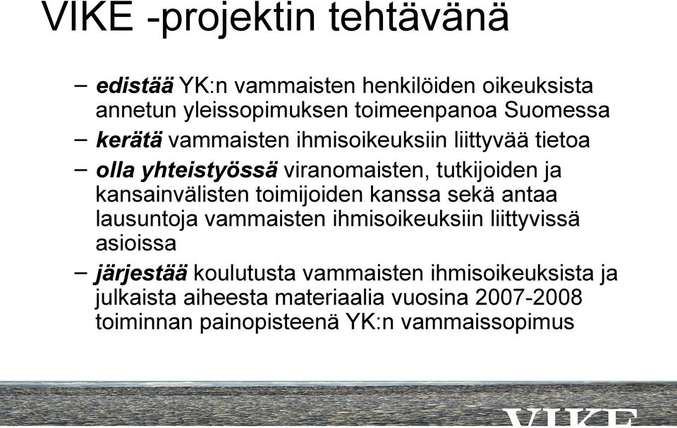 toimijoiden kanssa sekä antaa lausuntoja vammaisten ihmisoikeuksiin liittyvissä asioissa järjestää koulutusta