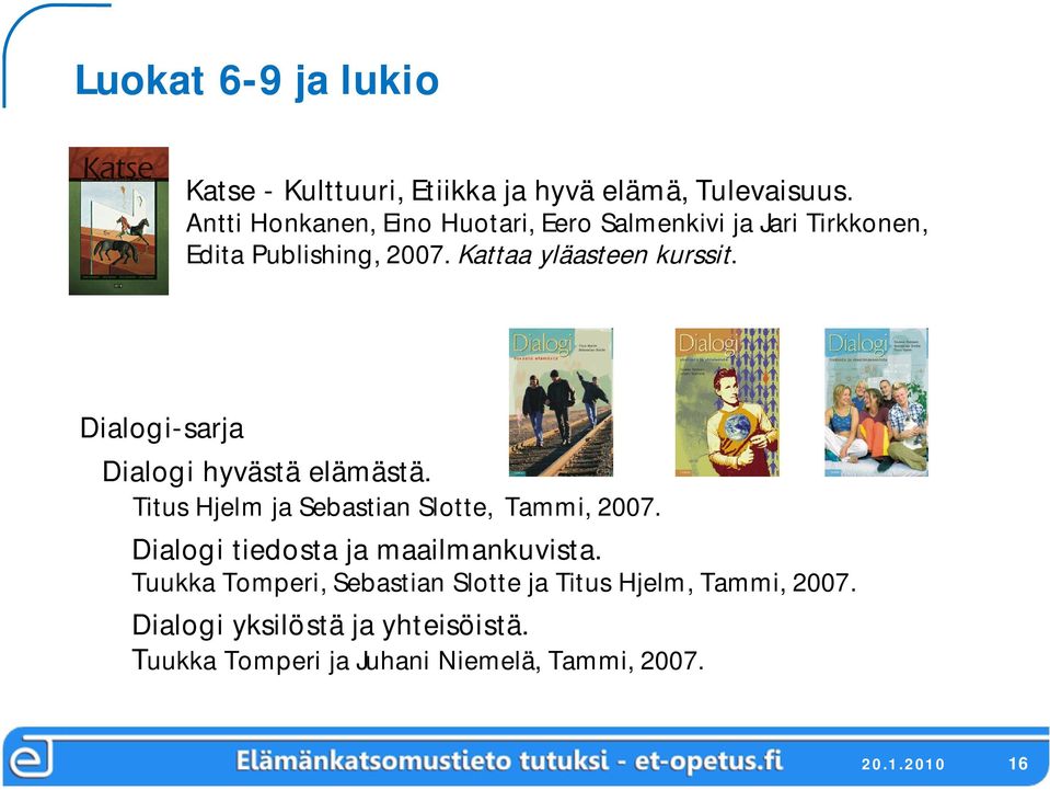 Dialogi sarja Dialogi hyvästä elämästä. Titus Hjelm ja Sebastian Slotte, Tammi, 2007.