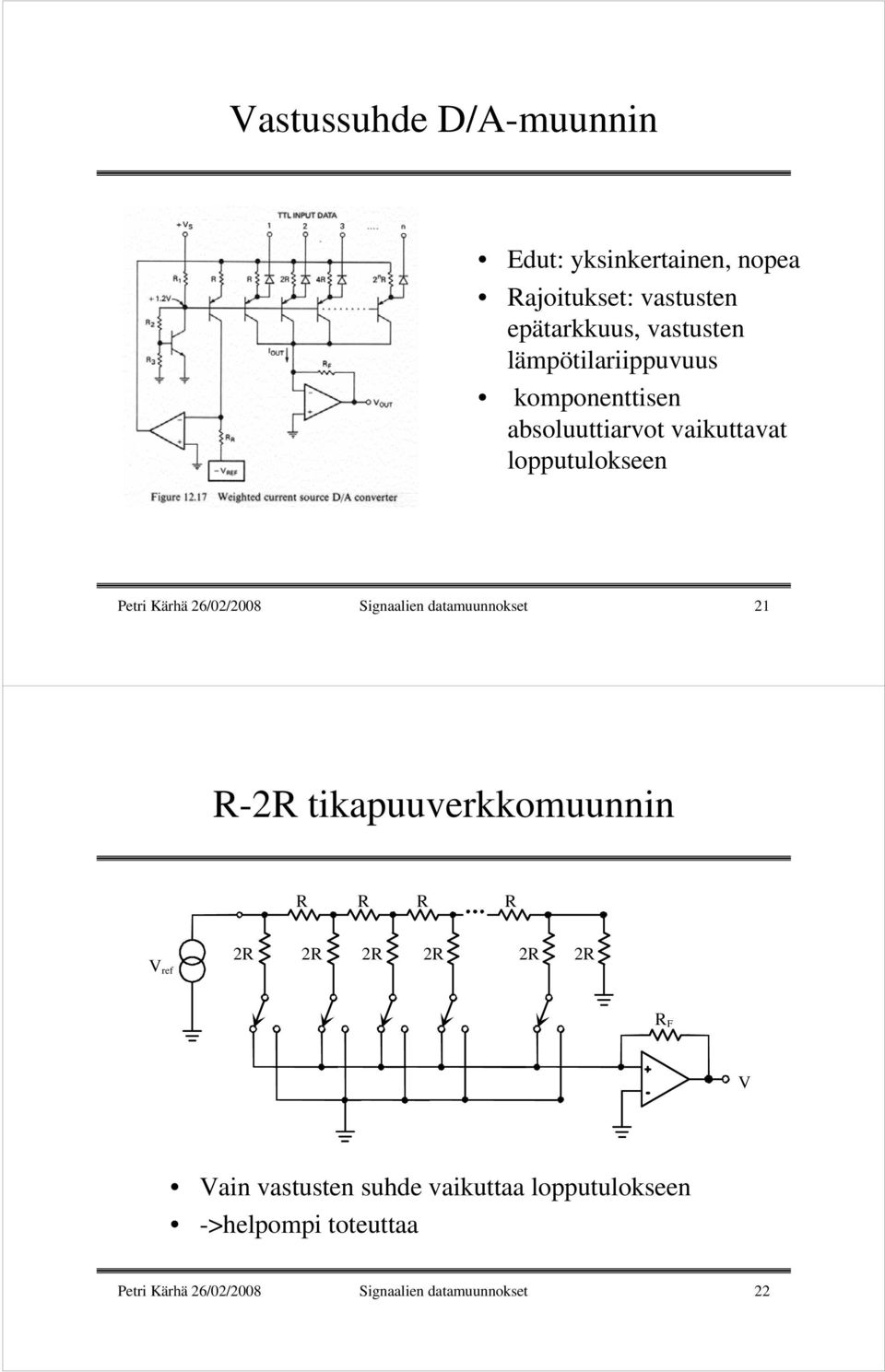 Signaalien datamuunnokset 21 R-2R tikapuuverkkomuunnin R R R R 2R 2R 2R 2R 2R V ref 2R R F V Vain