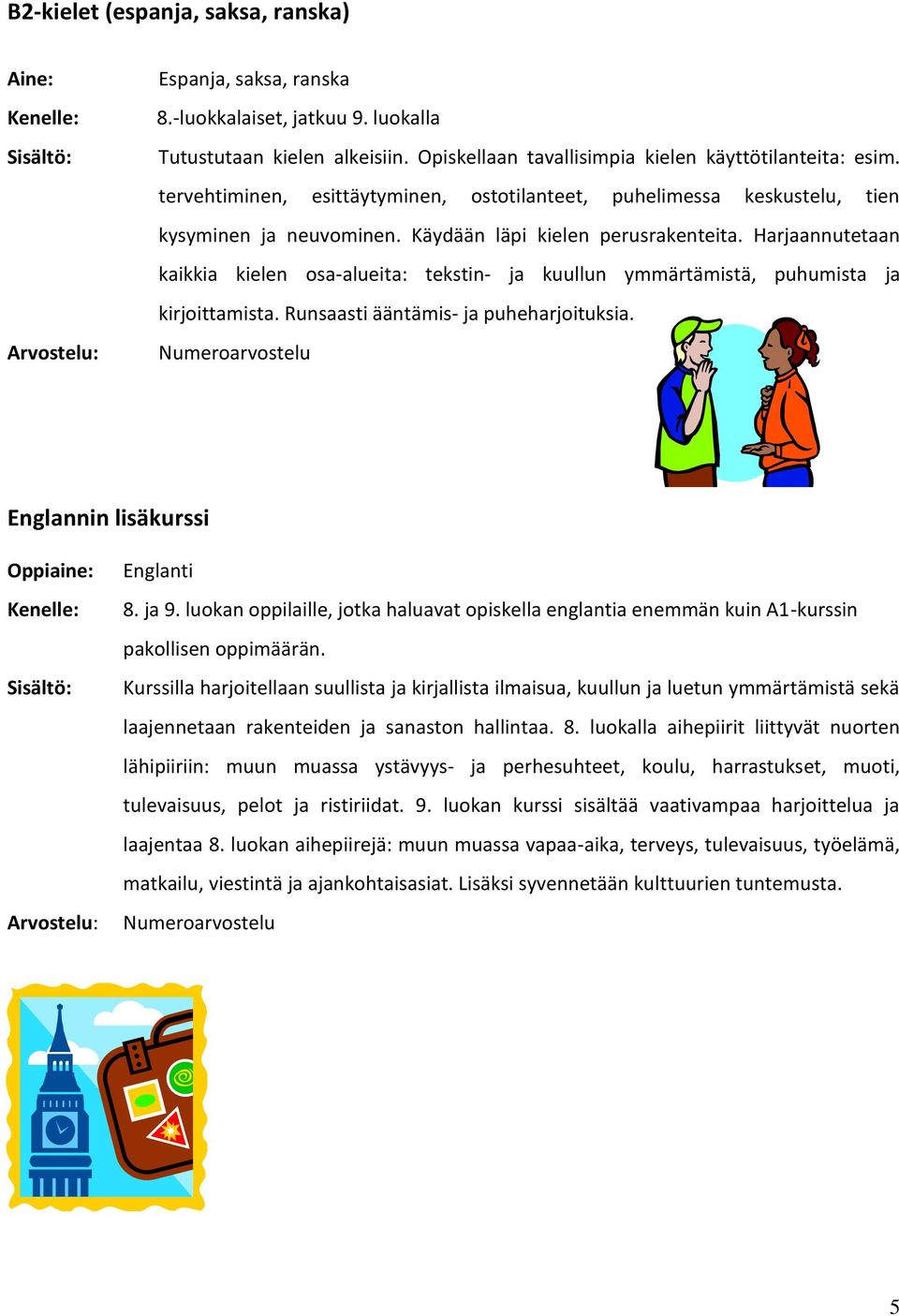 Harjaannutetaan kaikkia kielen osa-alueita: tekstin- ja kuullun ymmärtämistä, puhumista ja kirjoittamista. Runsaasti ääntämis- ja puheharjoituksia. Englannin lisäkurssi Oppiaine: Englanti 8. ja 9.