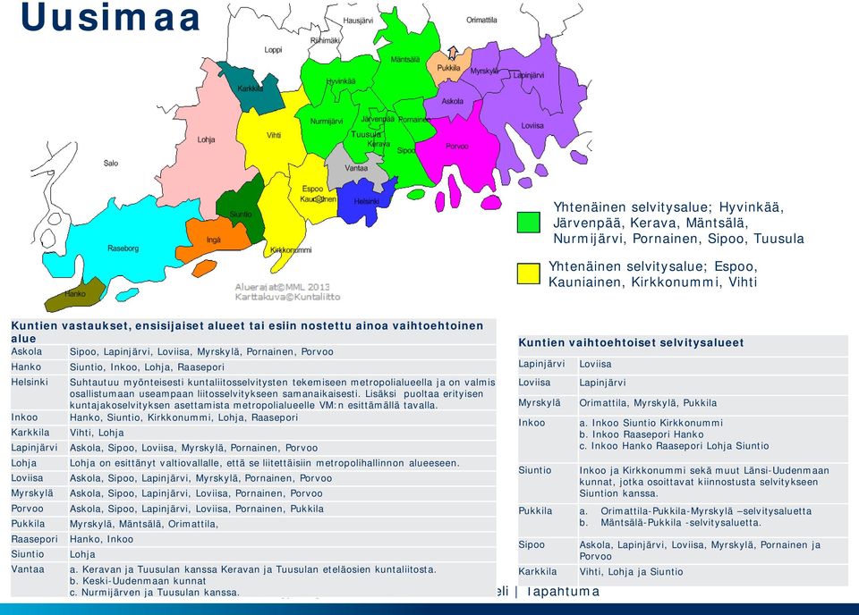 Myrskylä Porvoo Pukkila Raasepori Siuntio Vantaa Siuntio, Inkoo, Lohja, Raasepori Suhtautuu myönteisesti kuntaliitosselvitysten tekemiseen metropolialueella ja on valmis osallistumaan useampaan