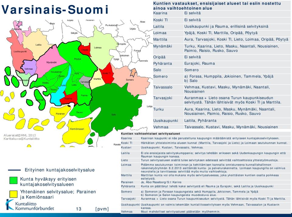 Koski Tl Kustavi Laitila Lieto Loimaa Marttila Parainen Pyhäranta Somero Tarvasjoki Ei selvitä Uusikaupunki ja Rauma, erillisinä selvityksinä Ypäjä, Koski Tl, Marttila, Oripää, Pöytyä Aura,