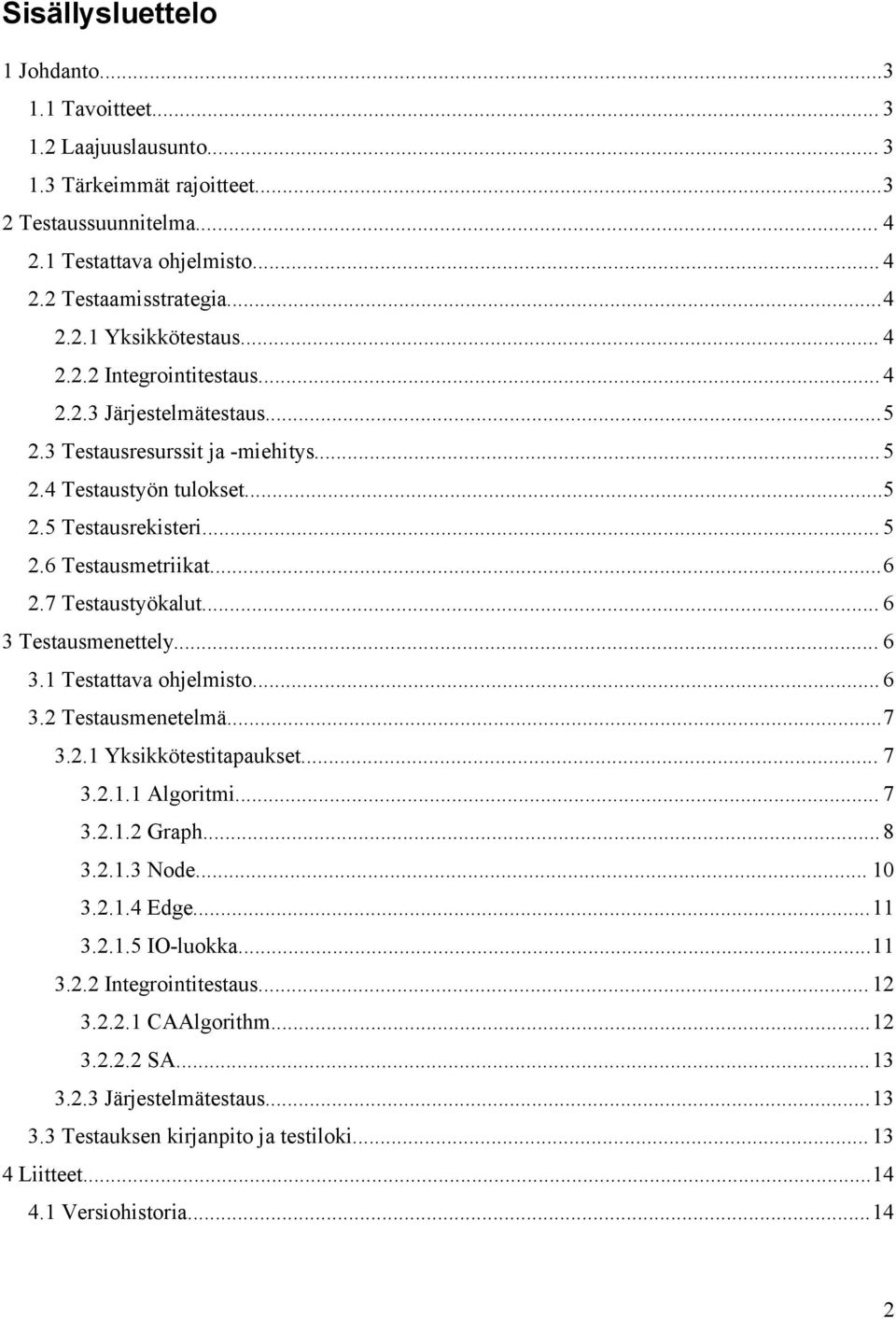 7 Testaustyökalut... 6 3 Testausmenettely... 6 3.1 Testattava ohjelmisto... 6 3.2 Testausmenetelmä...7 3.2.1 Yksikkötestitapaukset... 7 3.2.1.1 Algoritmi... 7 3.2.1.2 Graph...8 3.2.1.3 Node... 10 3.2.1.4 Edge.