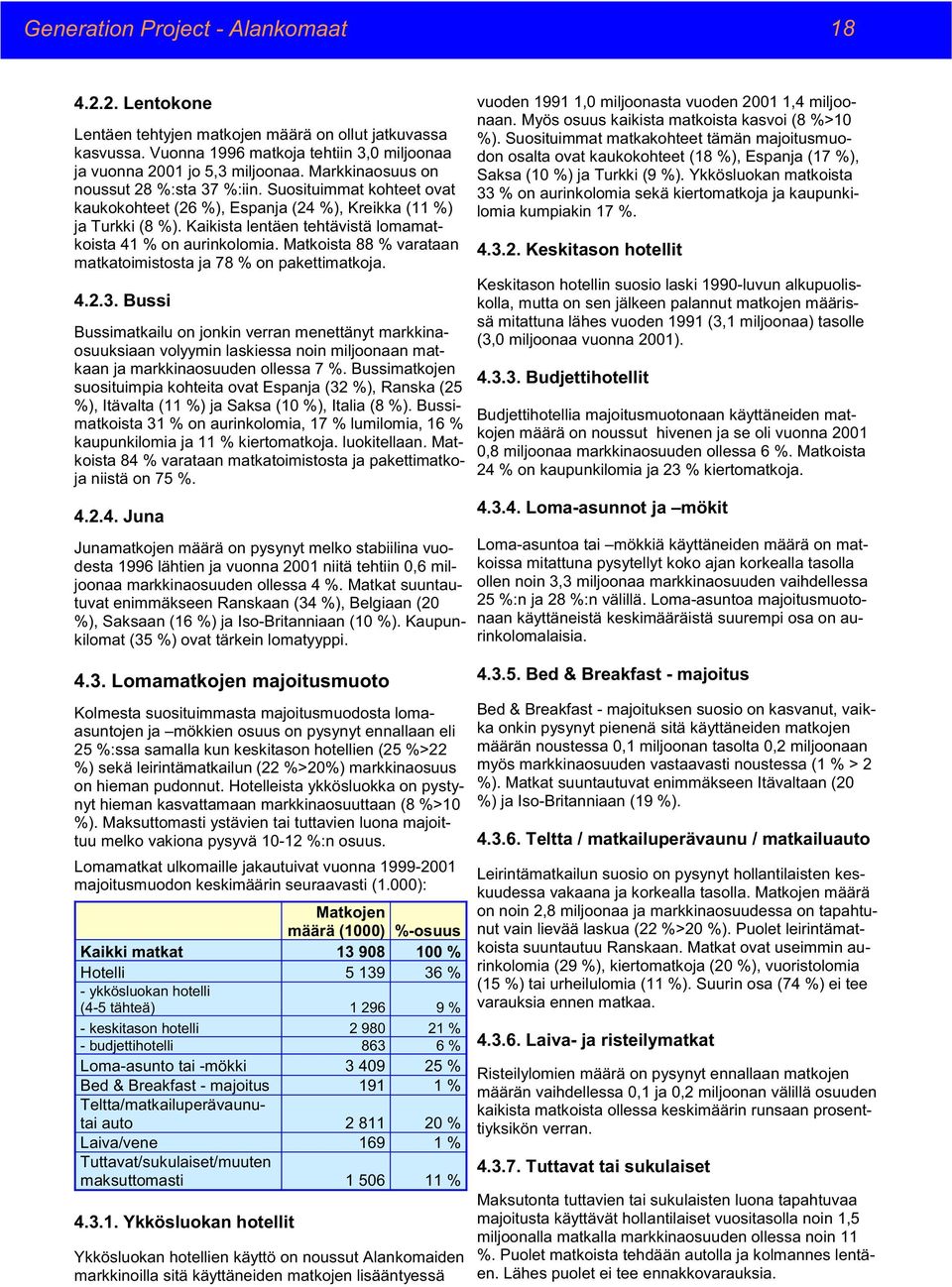 Kaikista lentäen tehtävistä lomamatkoista 41 % on aurinkolomia. Matkoista 88 % varataan matkatoimistosta ja 78 % on pakettimatkoja. 4.2.3.