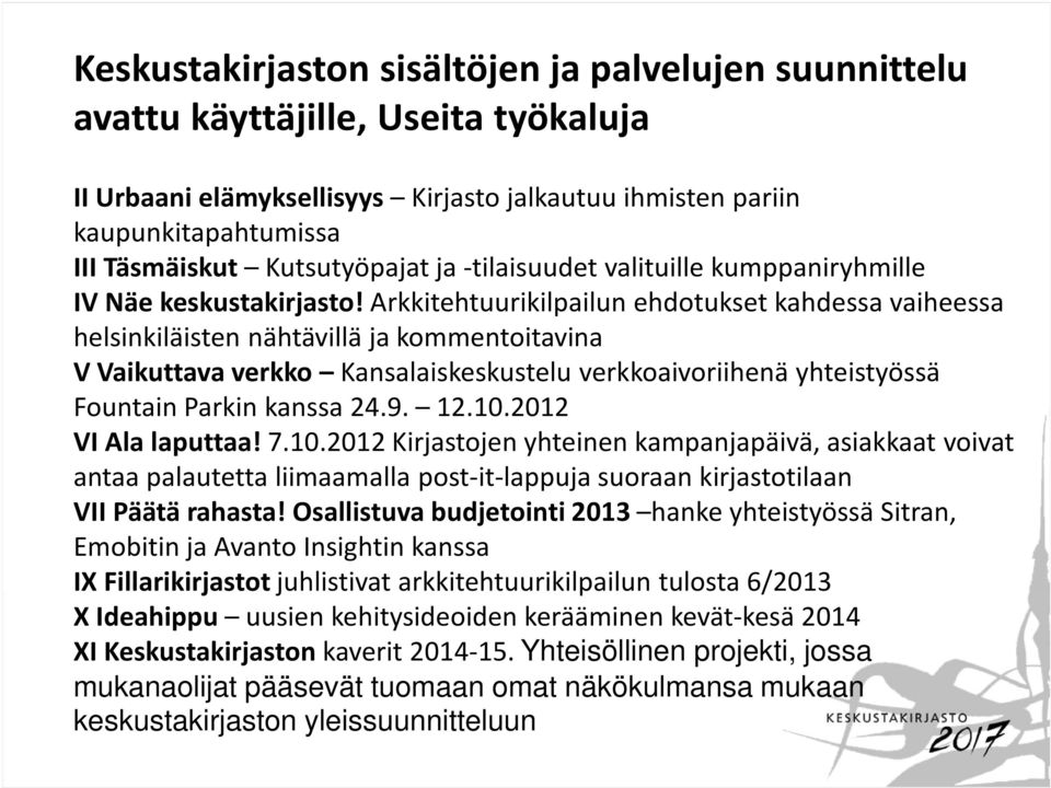 Arkkitehtuurikilpailun ehdotukset kahdessa vaiheessa helsinkiläisten nähtävillä ja kommentoitavina V Vaikuttava verkko Kansalaiskeskustelu verkkoaivoriihenä yhteistyössä Fountain Parkin kanssa 24.9.