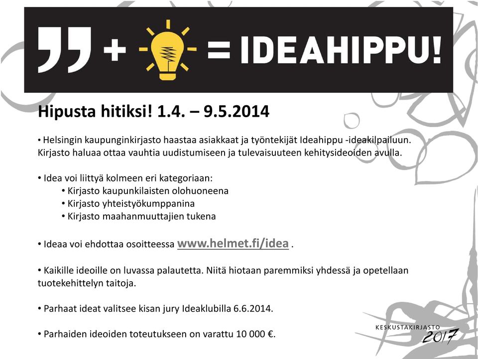 Idea voi liittyä kolmeen eri kategoriaan: Kirjasto kaupunkilaisten olohuoneena Kirjasto yhteistyökumppanina Kirjasto maahanmuuttajien tukena Ideaa voi
