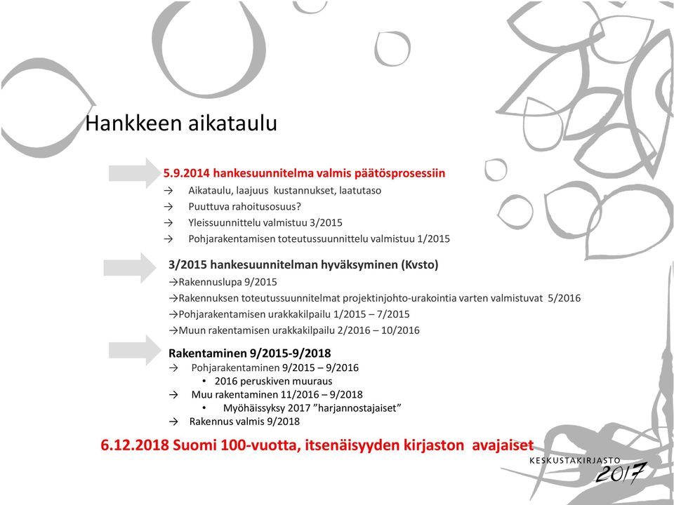 toteutussuunnitelmat projektinjohto-urakointia varten valmistuvat 5/2016 Pohjarakentamisen urakkakilpailu 1/2015 7/2015 Muun rakentamisen urakkakilpailu 2/2016 10/2016
