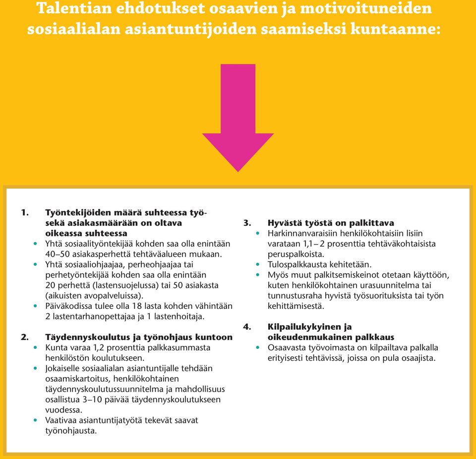 Yhtä sosiaaliohjaajaa, perheohjaajaa tai perhetyöntekijää kohden saa olla enintään 20 perhettä (lastensuojelussa) tai 50 asiakasta (aikuisten avopalveluissa).