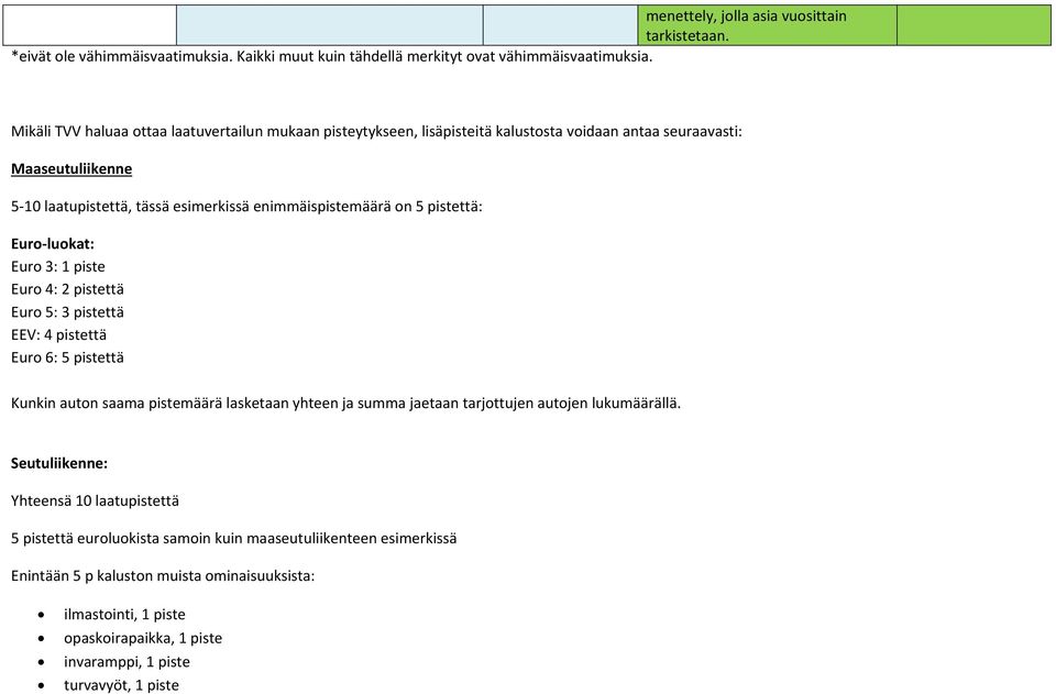 pistettä: Euro luokat: Euro 3: 1 piste Euro 4: 2 pistettä Euro 5: 3 pistettä EEV: 4 pistettä Euro 6: 5 pistettä Kunkin auton saama pistemäärä lasketaan yhteen ja summa jaetaan tarjottujen autojen