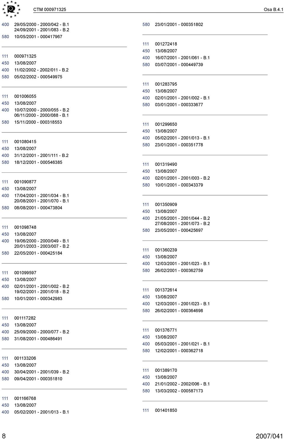 2 18/12/2001-000546385 001090877 17/04/2001-2001/034 - B.1 20/08/2001-2001/070 - B.1 08/08/2001-000473804 001098748 19/06/2000-2000/049 - B.1 20/01/2003-2003/007 - B.