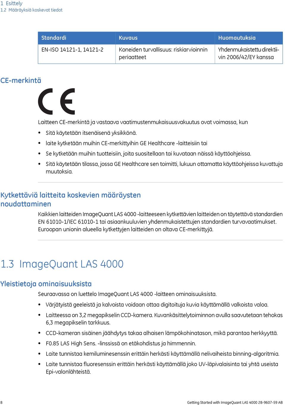 Laitteen CE-merkintä ja vastaava vaatimustenmukaisuusvakuutus ovat voimassa, kun Sitä käytetään itsenäisenä yksikkönä.