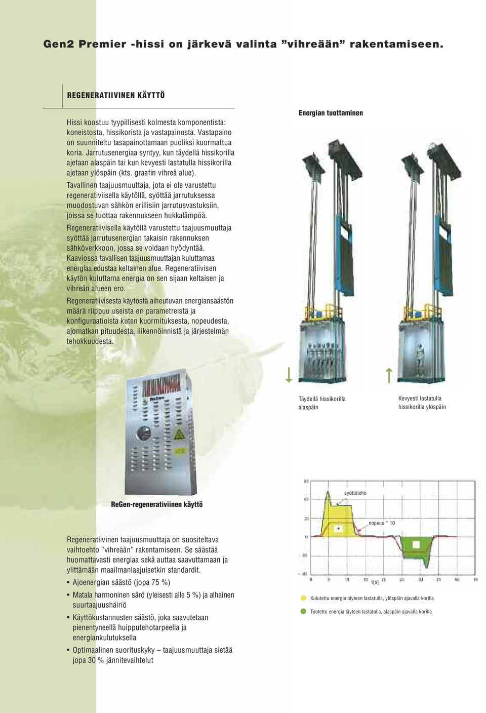 Jarrutusenergiaa syntyy, kun täydellä hissikorilla ajetaan alaspäin tai kun kevyesti lastatulla hissikorilla ajetaan ylöspäin (kts. graafin vihreä alue).