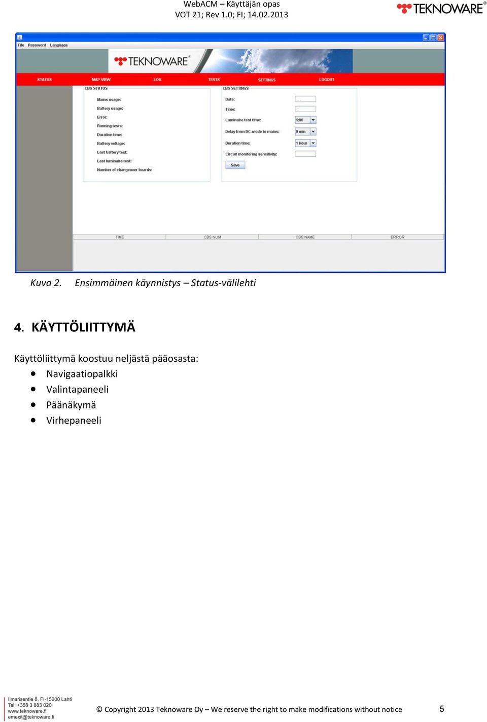 Navigaatiopalkki Valintapaneeli Päänäkymä Virhepaneeli