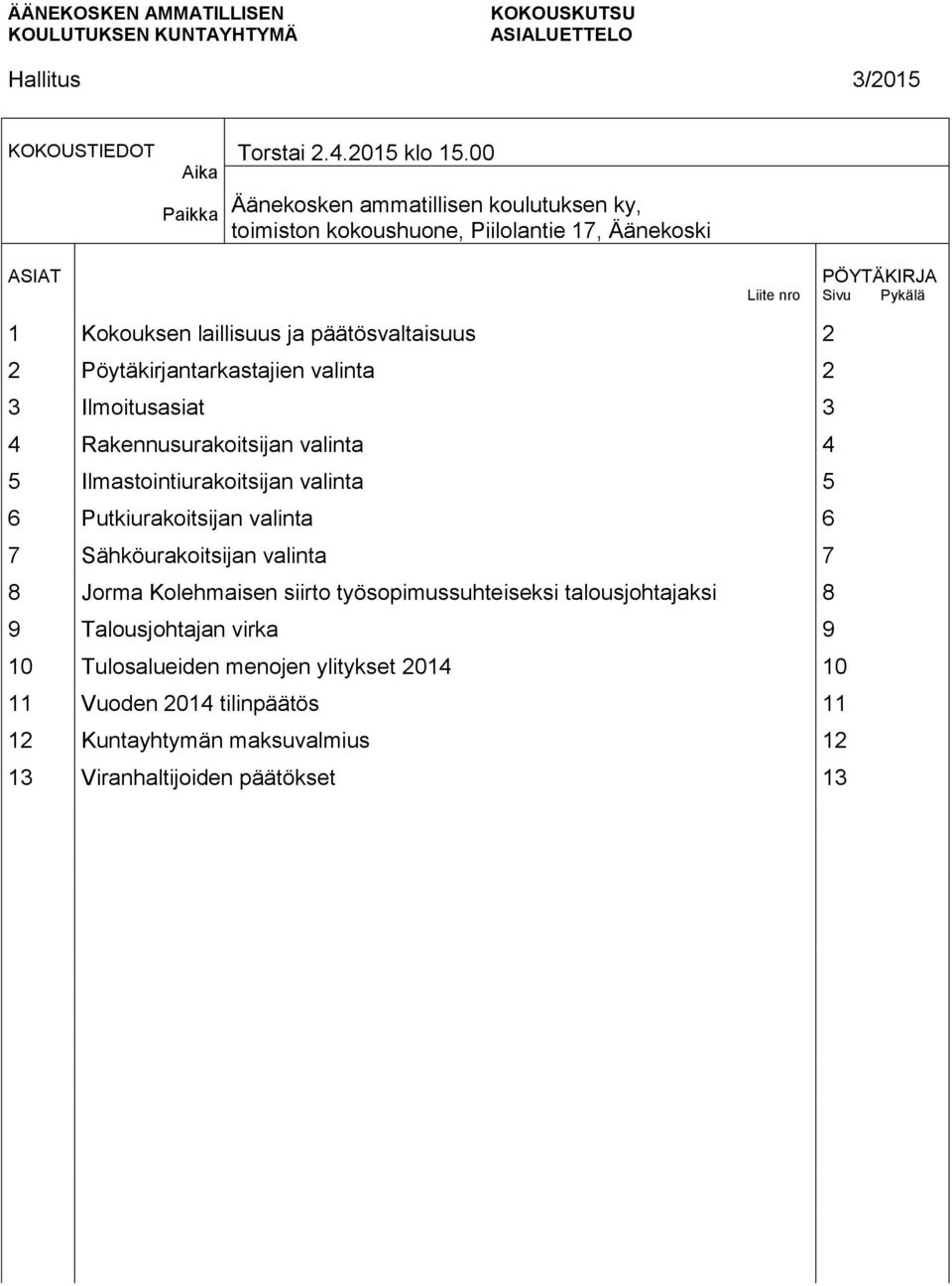 päätösvaltaisuus 2 2 valinta 2 3 Ilmoitusasiat 3 4 Rakennusurakoitsijan valinta 4 5 Ilmastointiurakoitsijan valinta 5 6 Putkiurakoitsijan valinta 6 7 Sähköurakoitsijan