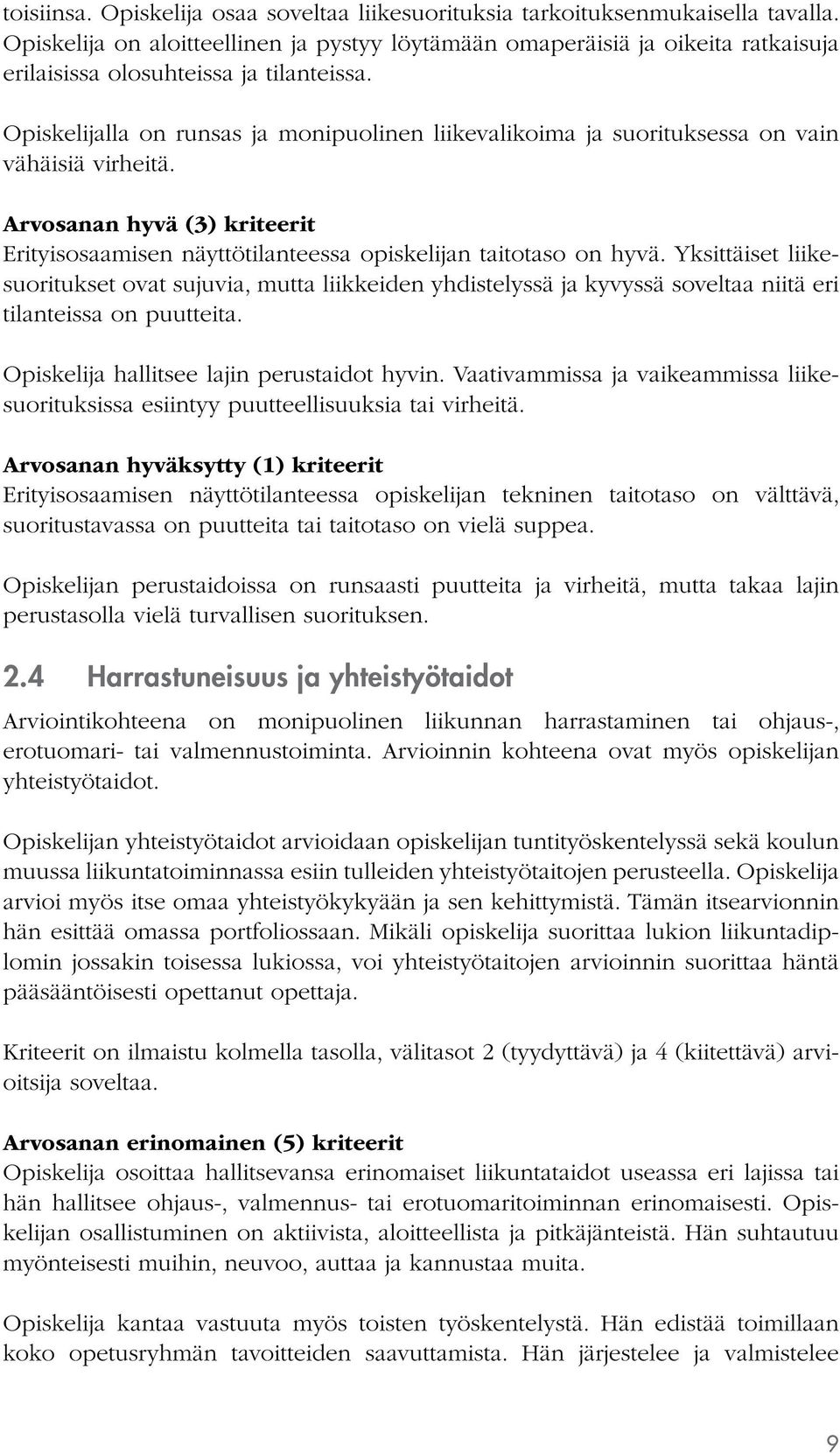 Opiskelijalla on runsas ja monipuolinen liikevalikoima ja suorituksessa on vain vähäisiä virheitä. Arvosanan hyvä (3) kriteerit Erityisosaamisen näyttötilanteessa opiskelijan taitotaso on hyvä.