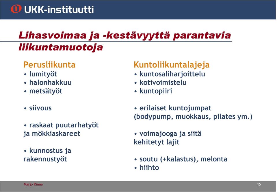 Kuntoliikuntalajeja kuntosaliharjoittelu kotivoimistelu kuntopiiri erilaiset kuntojumpat