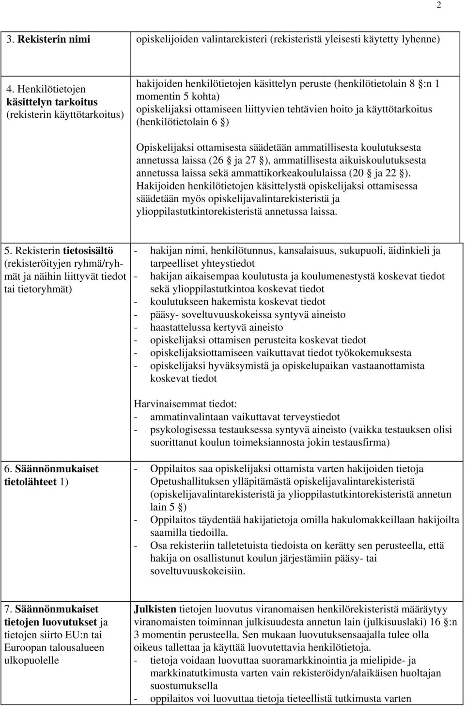 tehtävien hoito ja käyttötarkoitus (henkilötietolain 6 ) Opiskelijaksi ottamisesta säädetään ammatillisesta koulutuksesta annetussa laissa (26 ja 27 ), ammatillisesta aikuiskoulutuksesta annetussa