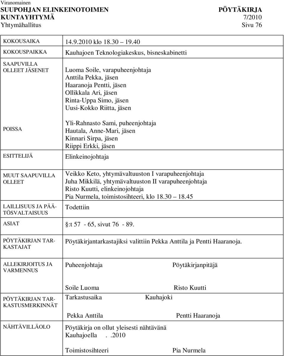 jäsen Uusi-Kokko Riitta, jäsen POISSA ESITTELIJÄ Yli-Rahnasto Sami, puheenjohtaja Hautala, Anne-Mari, jäsen Kinnari Sirpa, jäsen Riippi Erkki, jäsen Elinkeinojohtaja MUUT SAAPUVILLA OLLEET LAILLISUUS