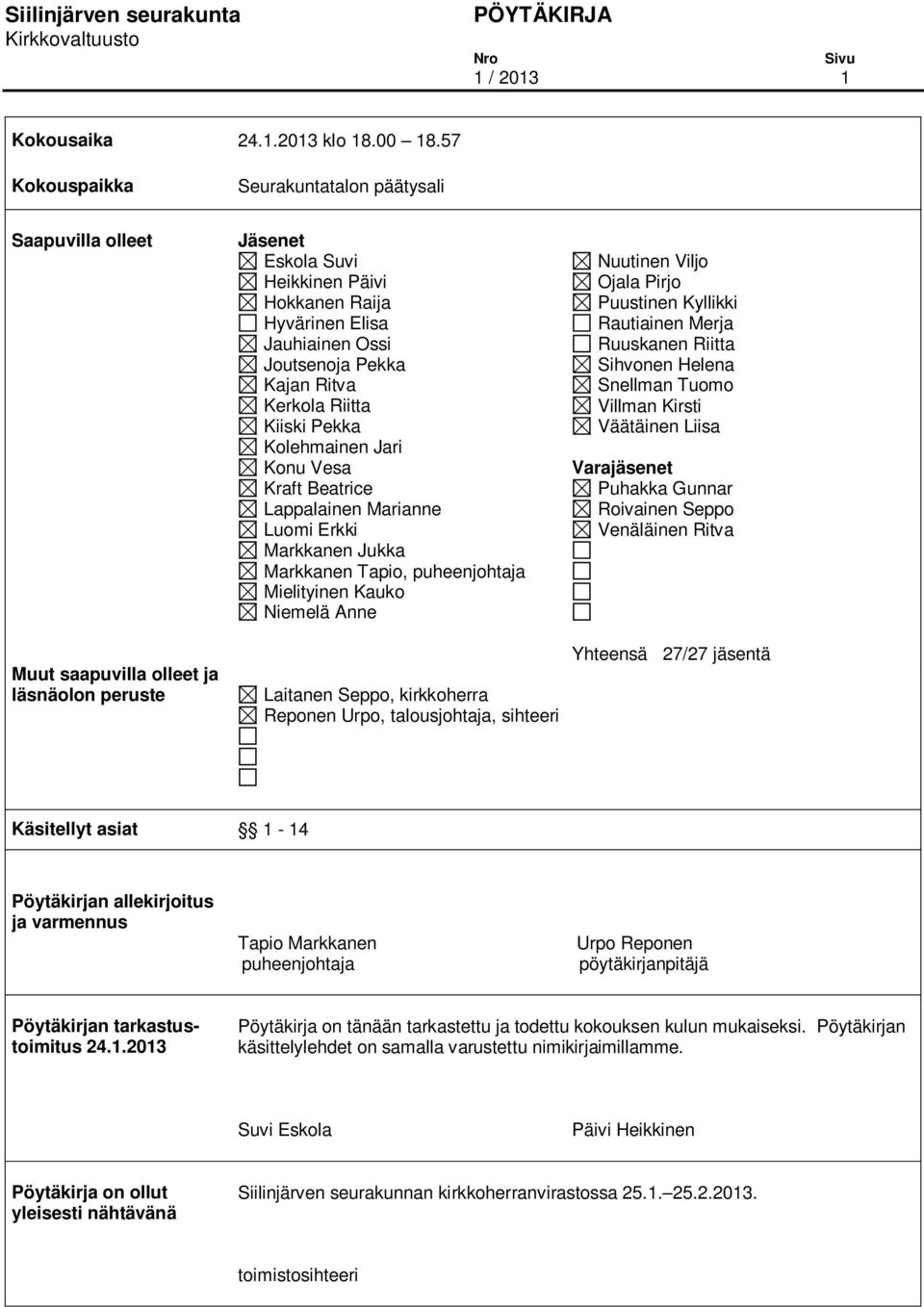 Pekka Kajan Ritva Kerkola Riitta Kiiski Pekka Kolehmainen Jari Konu Vesa Kraft Beatrice Lappalainen Marianne Luomi Erkki Markkanen Jukka Markkanen Tapio, puheenjohtaja Mielityinen Kauko Niemelä Anne