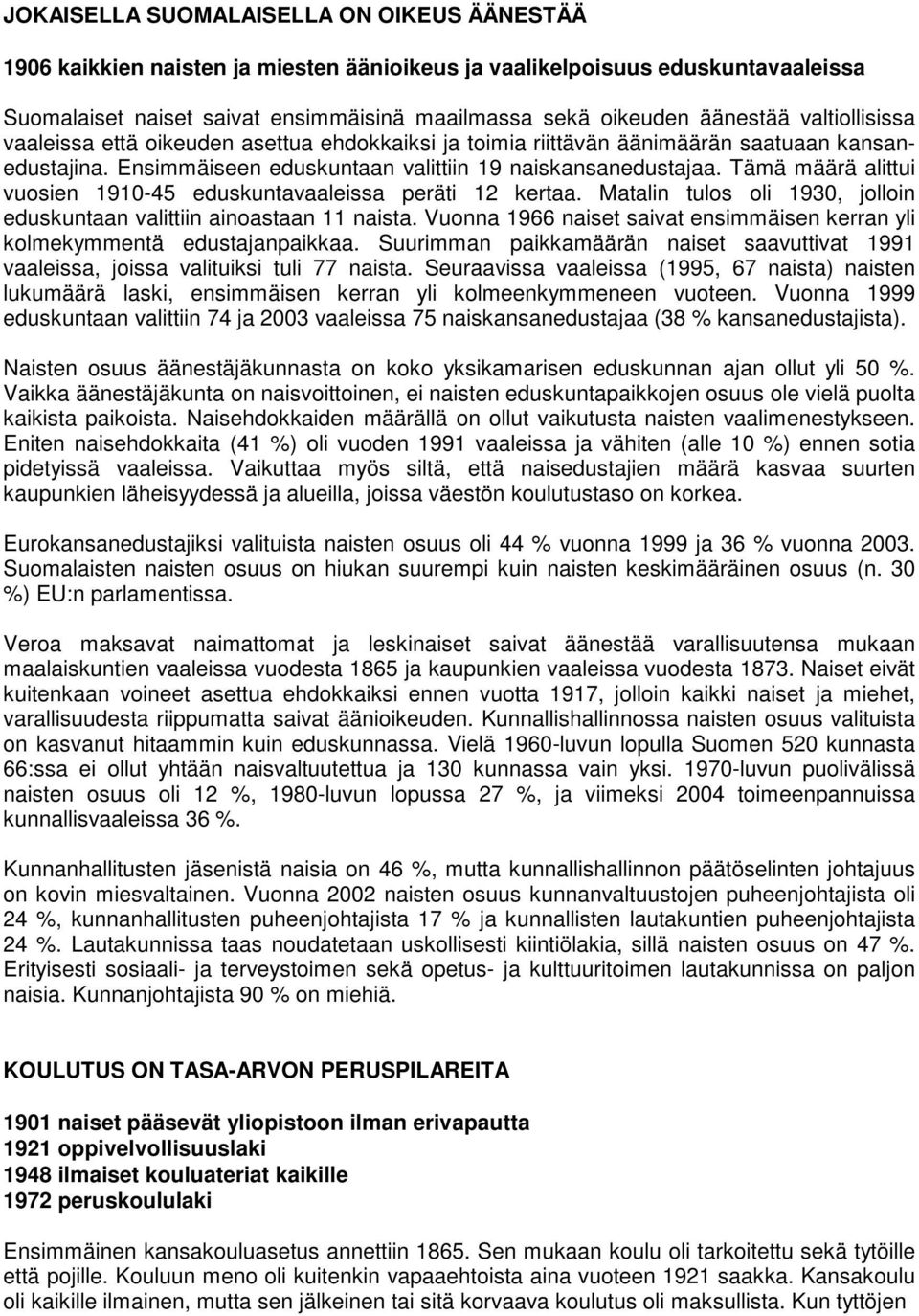 Tämä määrä alittui vuosien 1910-45 eduskuntavaaleissa peräti 12 kertaa. Matalin tulos oli 1930, jolloin eduskuntaan valittiin ainoastaan 11 naista.