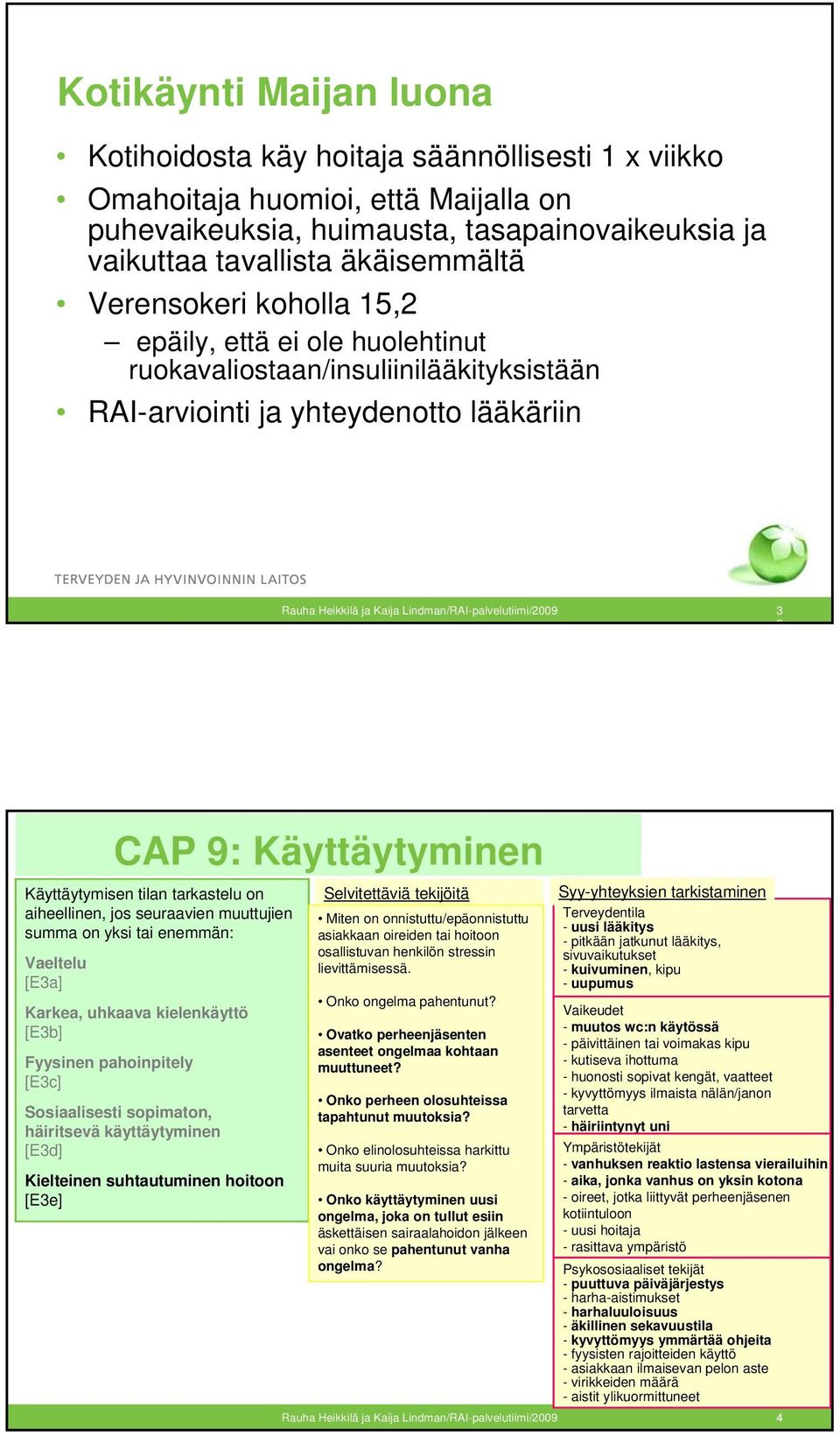 9: Käyttäytyminen Käyttäytymisen tilan tarkastelu on aiheellinen, jos seuraavien muuttujien summa on yksi tai enemmän: Vaeltelu [E3a] Karkea, uhkaava kielenkäyttö [E3b] Fyysinen pahoinpitely [E3c]