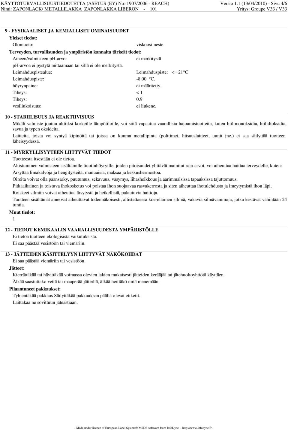 ph-arvo: ei merkitystä ph-arvoa ei pystytä mittaamaan tai sillä ei ole merkitystä. Leimahduspistealue: Leimahduspiste:<= 21 C Leimahduspiste: -8.00 C. höyrynpaine: ei määritetty.