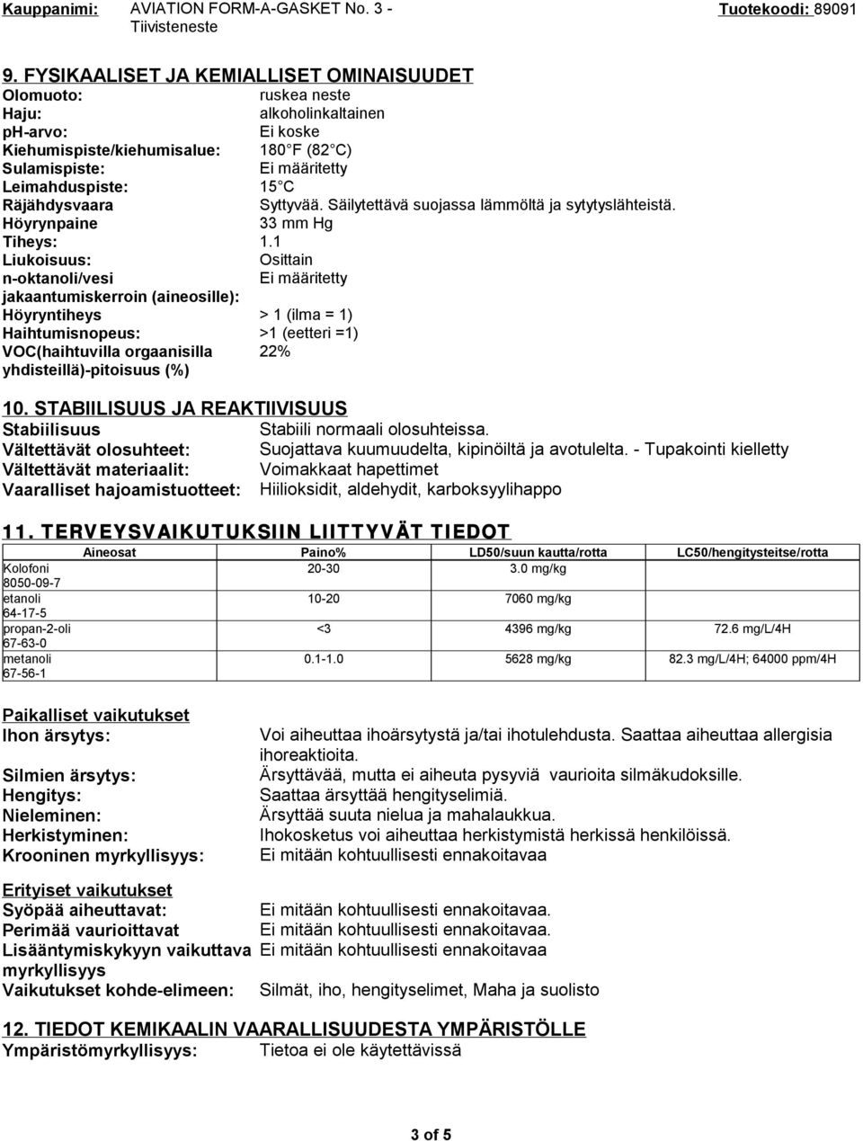 1 Liukoisuus: Osittain n-oktanoli/vesi Ei määritetty jakaantumiskerroin (aineosille): Höyryntiheys > 1 (ilma = 1) Haihtumisnopeus: >1 (eetteri =1) VOC(haihtuvilla orgaanisilla 22%