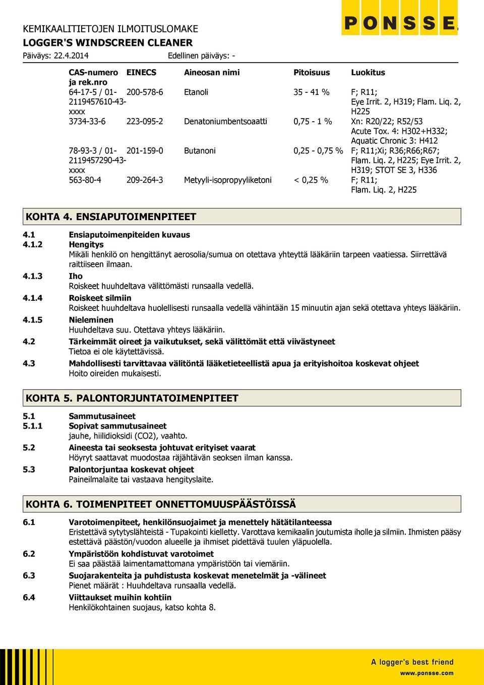 4: H302+H332; Aquatic Chronic 3: H412 78-93-3 / 01-2119457290-43- xxxx 201-159-0 Butanoni 0,25-0,75 % F; R11;Xi; R36;R66;R67; Flam. Liq. 2, H225; Eye Irrit.